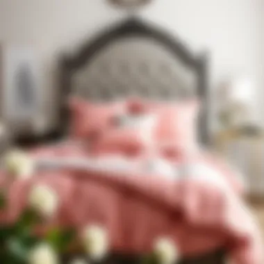 Stylish bedroom featuring a pink and grey king size comforter set with decorative pillows