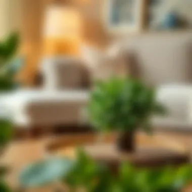 Close-up of intricately designed plastic foliage on a coffee table