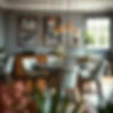 Elegantly designed pub style table with six chairs in a cozy setting.