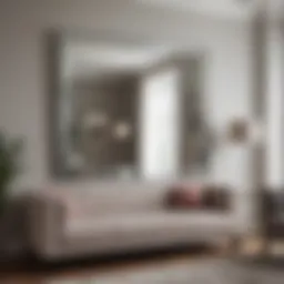 Elegant rectangle bevelled edge mirror reflecting a stylish living room