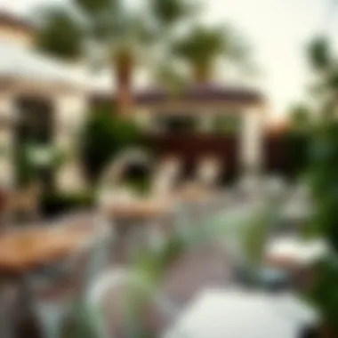 A beautifully arranged outdoor seating area with patio chairs and tables