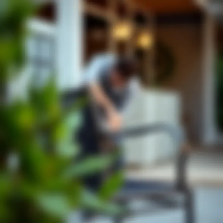A person performing maintenance on a patio chair to ensure longevity