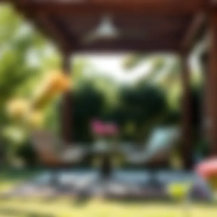 A stylish outdoor patio chair set under a shady pergola