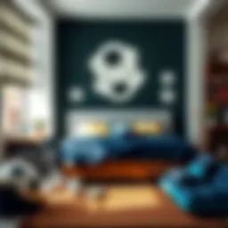 A beautifully designed soccer-themed bedroom with wall art and decor elements