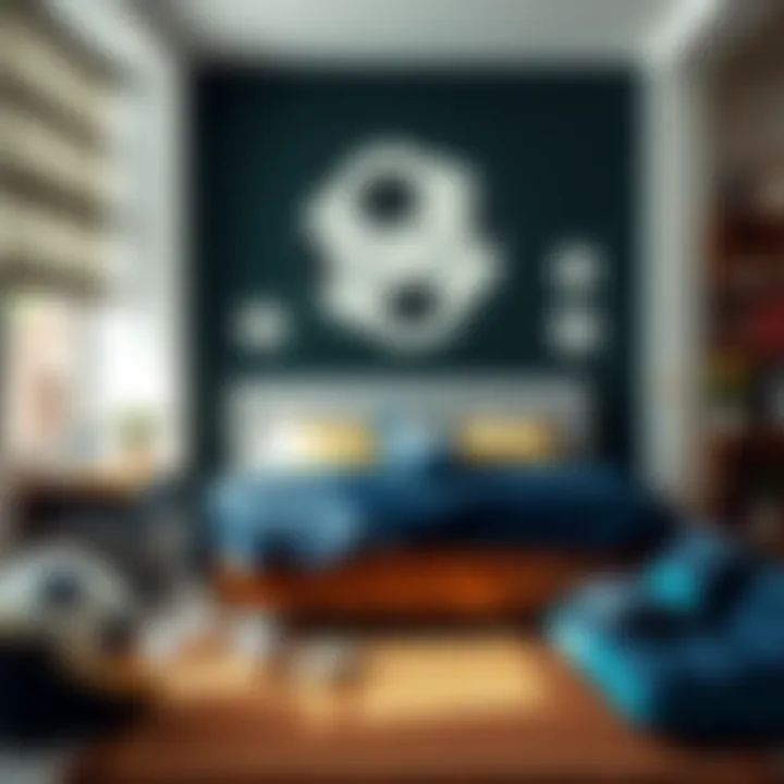 Soccer-Themed Bedroom Design A beautifully designed soccer-themed bedroom with wall art and decor elements