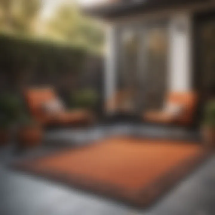 A serene outdoor setting featuring a burnt orange rug