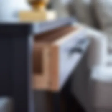 A close-up of the drawer mechanism in a beautifully designed skinny side table