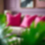 Large pink throw pillows on a stylish sofa