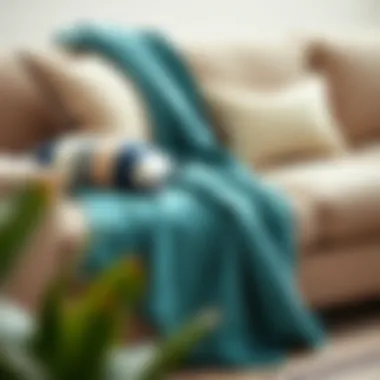 Teal throw blanket accenting a neutral sofa with decorative pillows