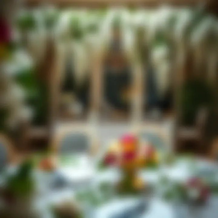 Dining Table Decorated with Wisteria Garlands Beautifully arranged artificial white wisteria garlands draping over a dining table for an elegant gathering