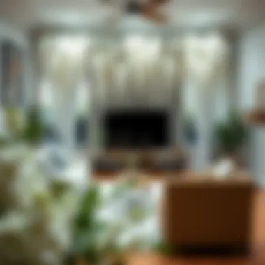 Modern Living Room with Wisteria Garlands Elegant display of artificial white wisteria garlands in a modern living room setting