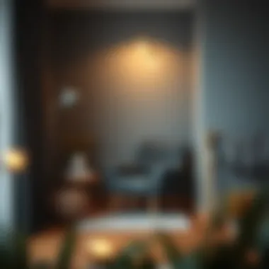 Cozy Reading Nook with Dark Grey Chair A cozy reading nook featuring a dark grey chair and ambient lighting.