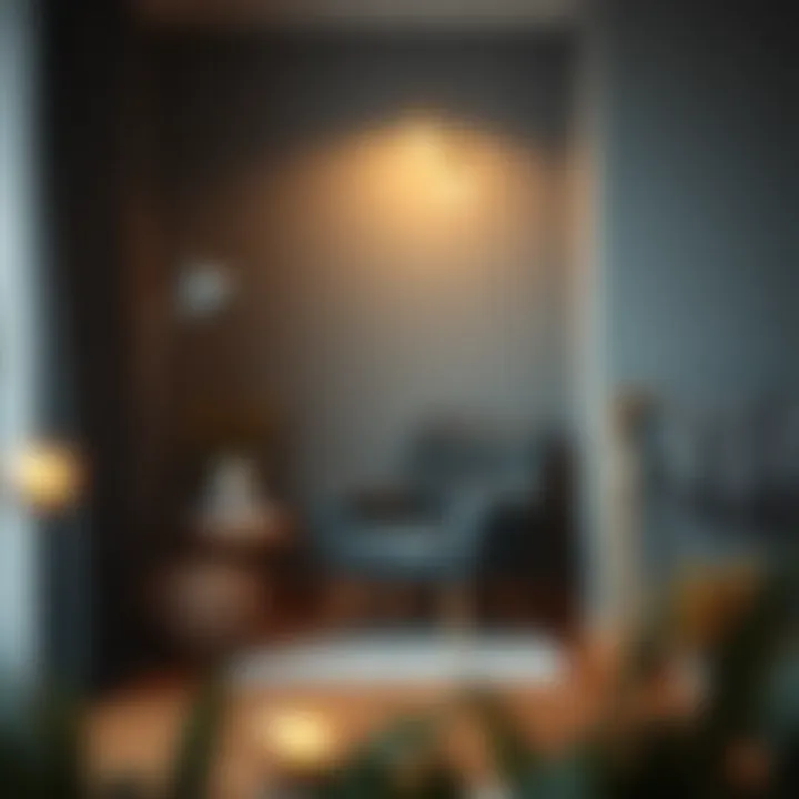 Cozy Reading Nook with Dark Grey Chair A cozy reading nook featuring a dark grey chair and ambient lighting.