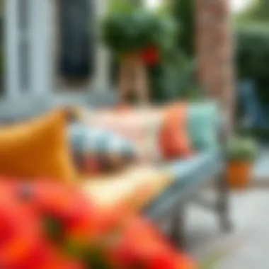 Colorful cushions arranged on an outdoor bench