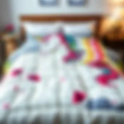 A vibrant full-size unicorn quilt draped over a bed, showcasing its colorful design.
