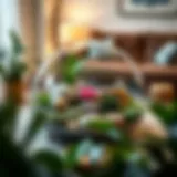 A stunning round terrarium coffee table featuring vibrant plants and decorative elements