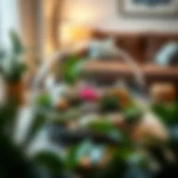 A stunning round terrarium coffee table featuring vibrant plants and decorative elements