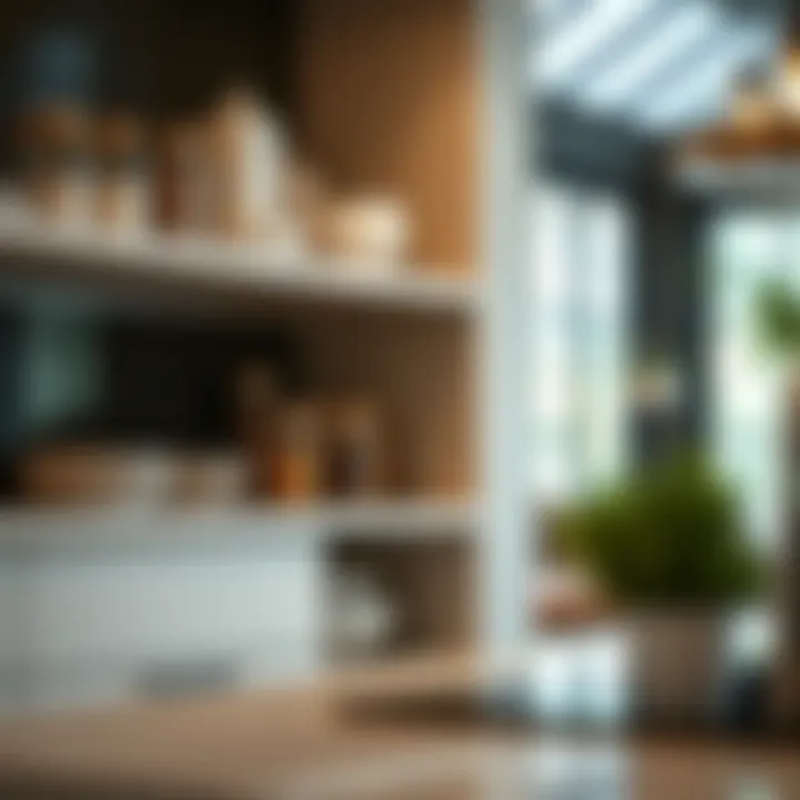 Stylish Organization in Kitchen Elegant kitchen shelving unit showcasing organized spice jars and elegant dishware