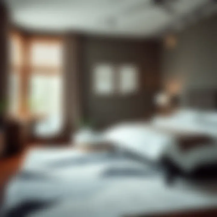 Stylish Bedroom Featuring Neutral Abstract Rug Stylish bedroom adorned with a neutral abstract area rug