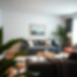 Contemporary living room featuring a gray couch slipcover