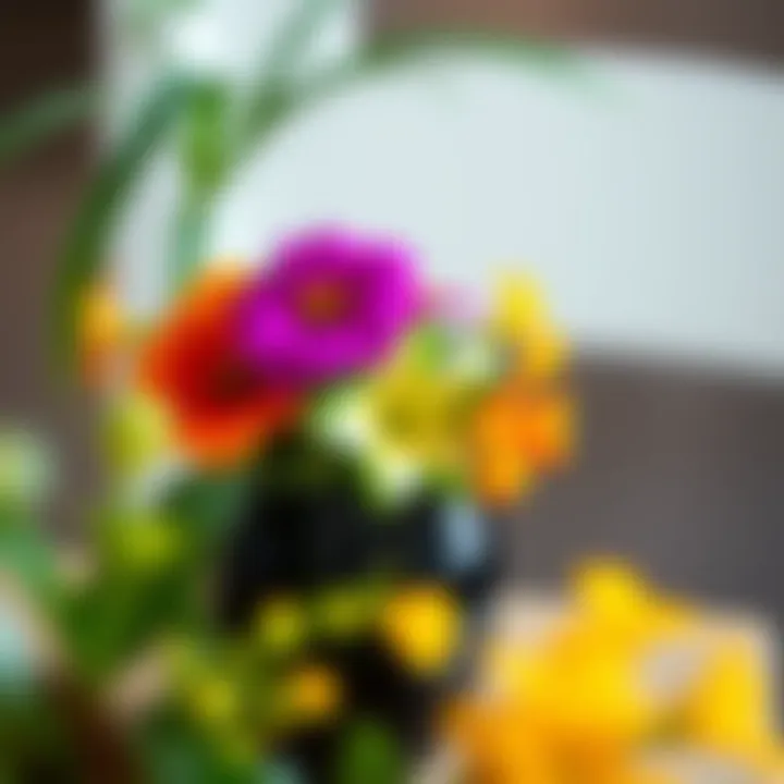 Close-up of small black planter with vibrant flowers