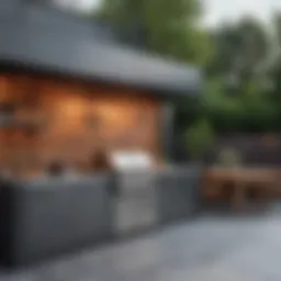 Stainless steel built-in charcoal grill in a modern outdoor kitchen