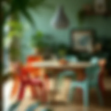 Eco-Friendly Dining with Plastic Chairs Eco-friendly dining arrangement featuring sustainable plastic chairs and a wooden table.