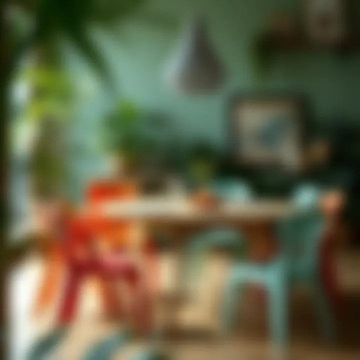 Eco-Friendly Dining with Plastic Chairs Eco-friendly dining arrangement featuring sustainable plastic chairs and a wooden table.