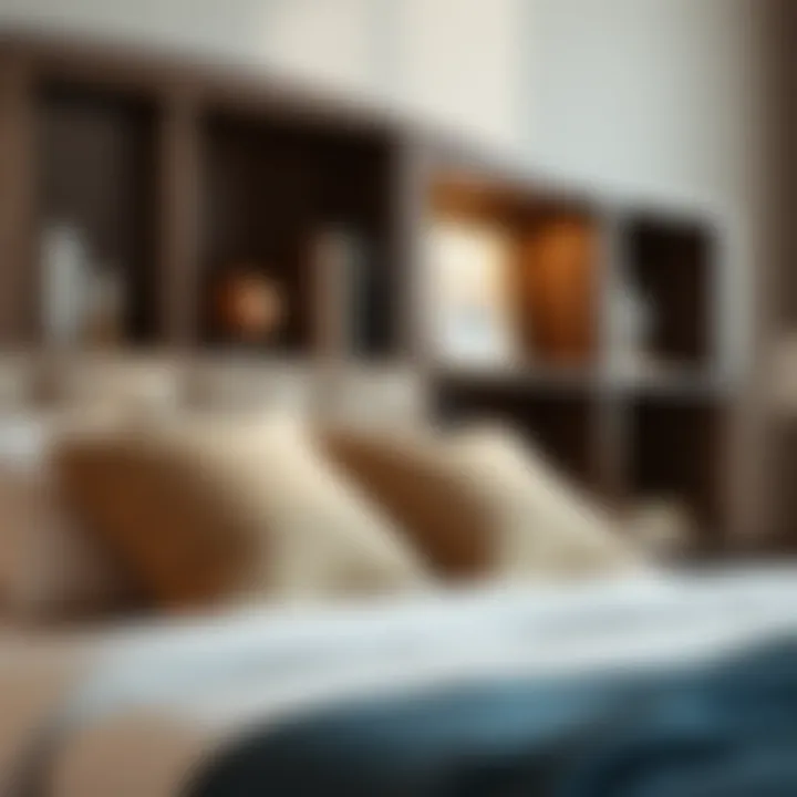 Detail View of Decorative Storage on Queen Headboard Close-up of a queen headboard with bookshelves displaying decorative items