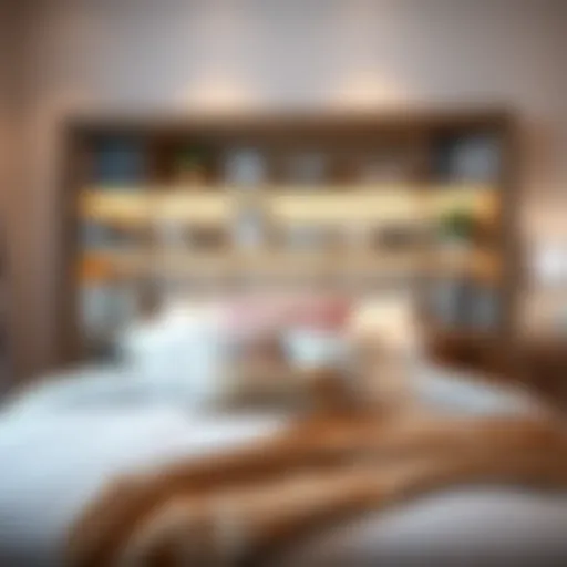 Elegant queen headboard with integrated bookshelf showcasing books and decor