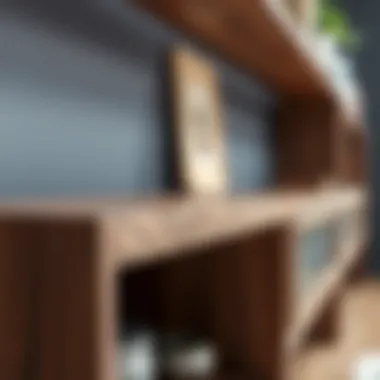 Customized Skinny Shelving Materials and Finishes Close-up of customized skinny shelving with various materials and finishes.