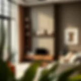 Elegant skinny shelving unit displaying decorative items in a modern living room.