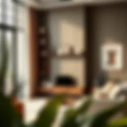 Elegant skinny shelving unit displaying decorative items in a modern living room.