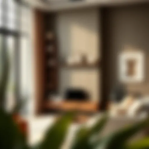 Elegant skinny shelving unit displaying decorative items in a modern living room.