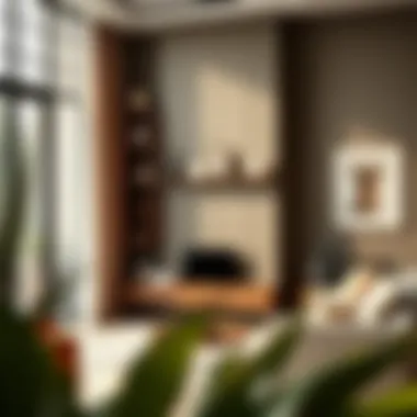 Elegant Skinny Shelving in Modern Living Room Elegant skinny shelving unit displaying decorative items in a modern living room.