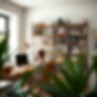 Stylishly Arranged Skinny Shelves in Home Office Stylishly arranged skinny shelves in a home office, showcasing books and office supplies.