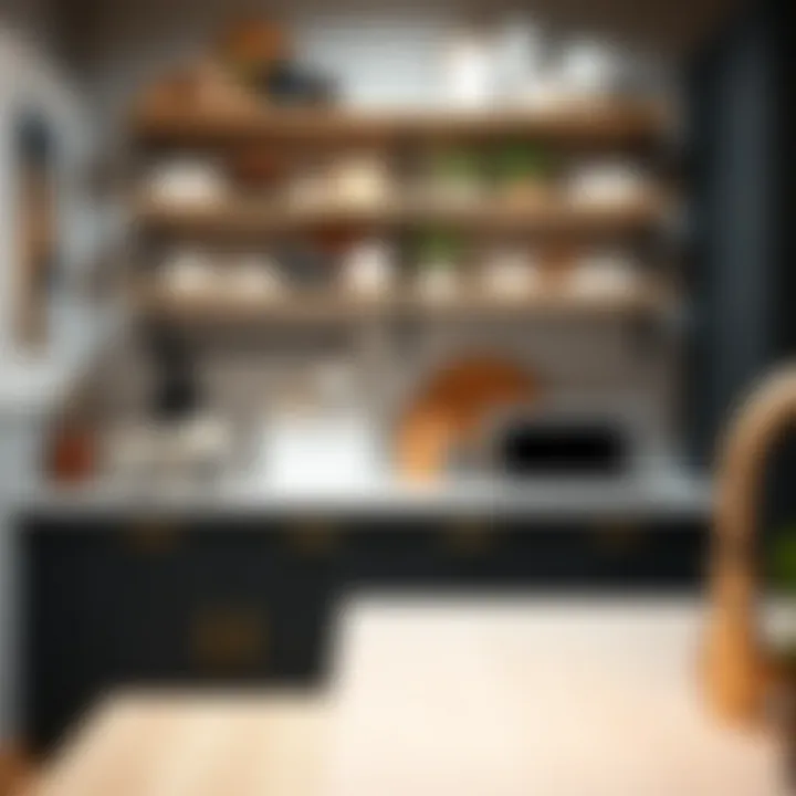 Creative Skinny Shelving in Small Kitchen Creative styling of skinny shelving in a small kitchen, enhancing storage and aesthetics.