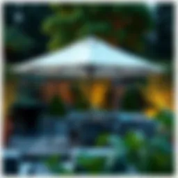 Stylish folding deck umbrella in a garden setting