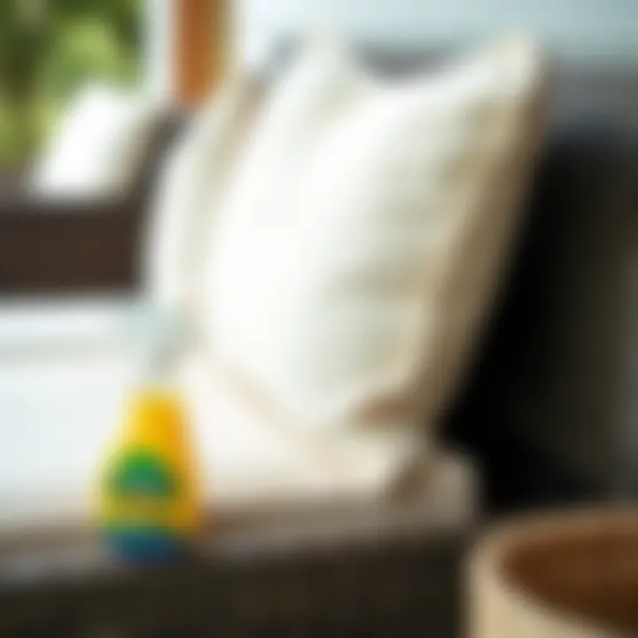 Tips for maintaining outdoor cushions illustrated with cleaning supplies
