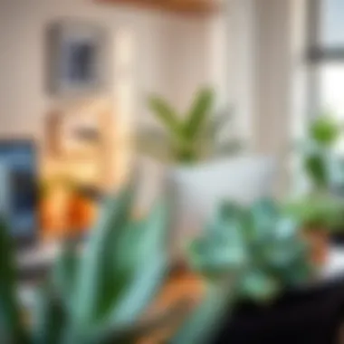 A well-lit office desk adorned with large succulent plants, enhancing the workspace ambiance