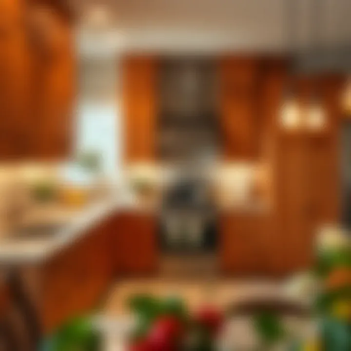 Warm Ambiance with Maple Cabinets A warm and inviting kitchen space highlighted by rich maple cabinetry and soft lighting