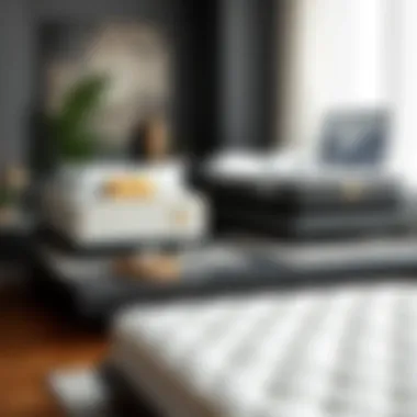 A variety of mattress types displayed on a platform bed