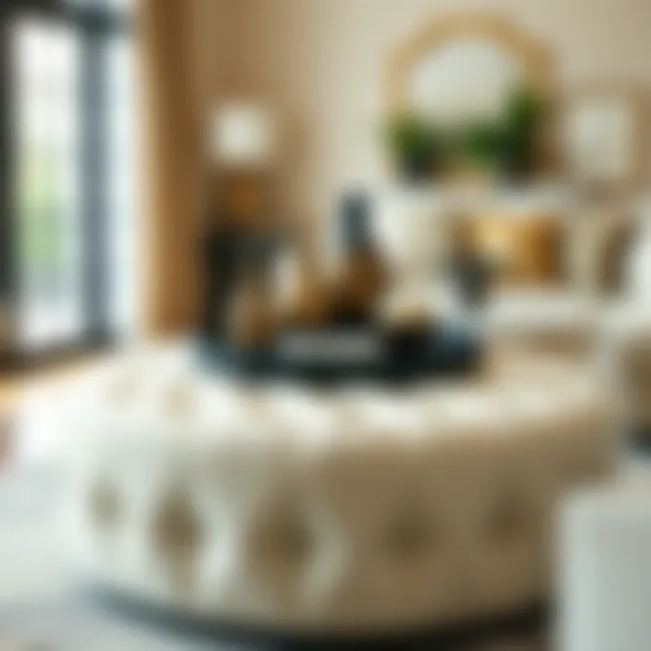 Elegant large ottoman with a tray showcasing decorative items