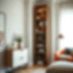 Elegant tall shelving unit showcasing decor items and books