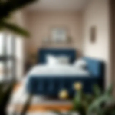 Cozy Interior with Navy Blue Upholstered Twin Bed Stylish navy blue twin bed integrated into a cozy interior design