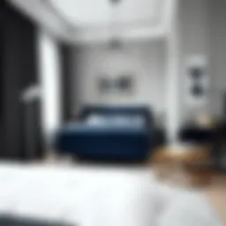 Elegant navy blue upholstered twin bed in a modern bedroom setting