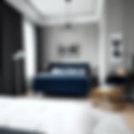 Elegant navy blue upholstered twin bed in a modern bedroom setting