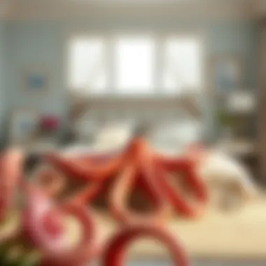 A serene bedroom showcasing an octopus bed set in a coastal decor