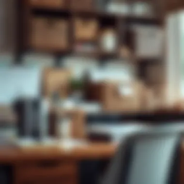 Organized Workspace with Baskets for Supplies Organized workspace featuring baskets for office supplies