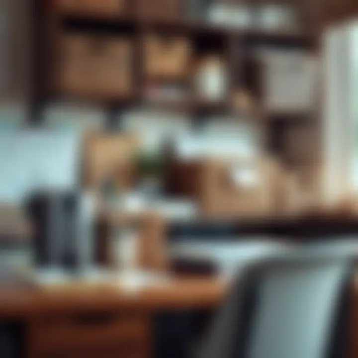 Organized Workspace with Baskets for Supplies Organized workspace featuring baskets for office supplies